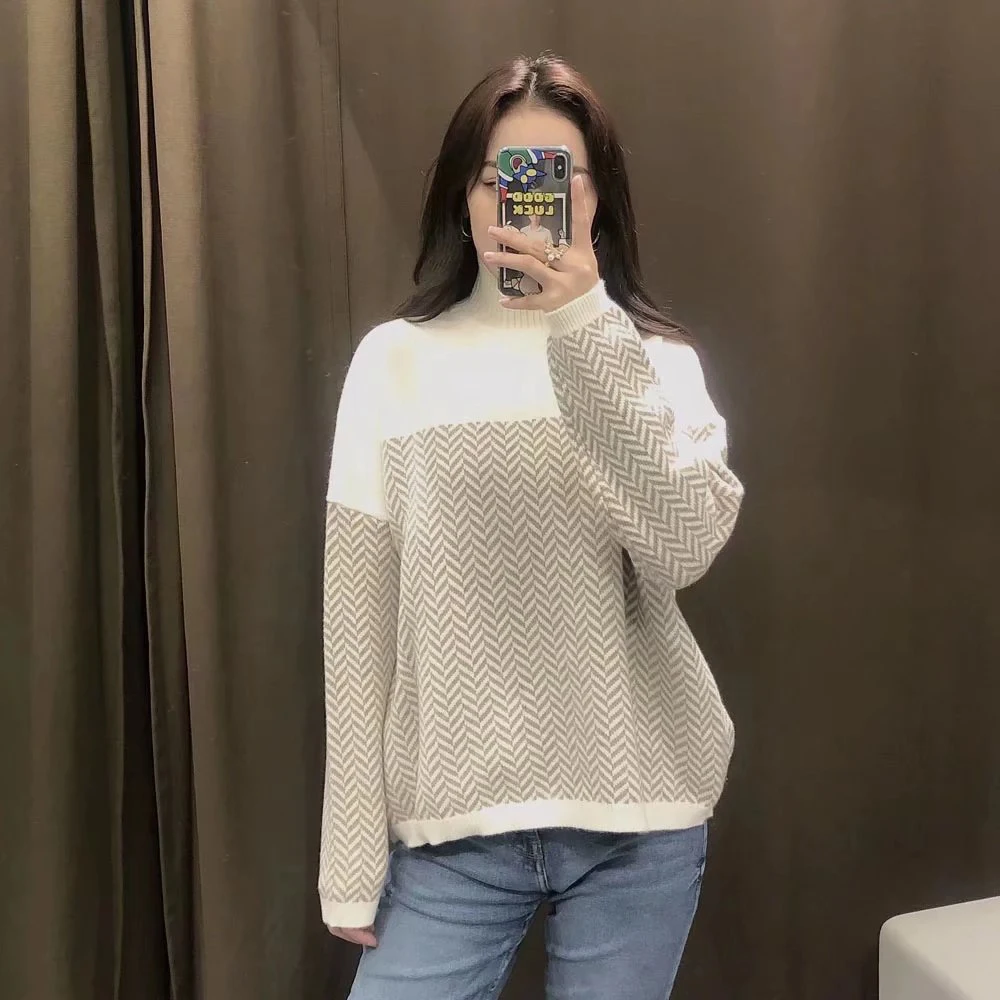 

Женский свитер контрастной расцветки Za, Повседневный пуловер с высоким воротником и длинными рукавами, осень 2021