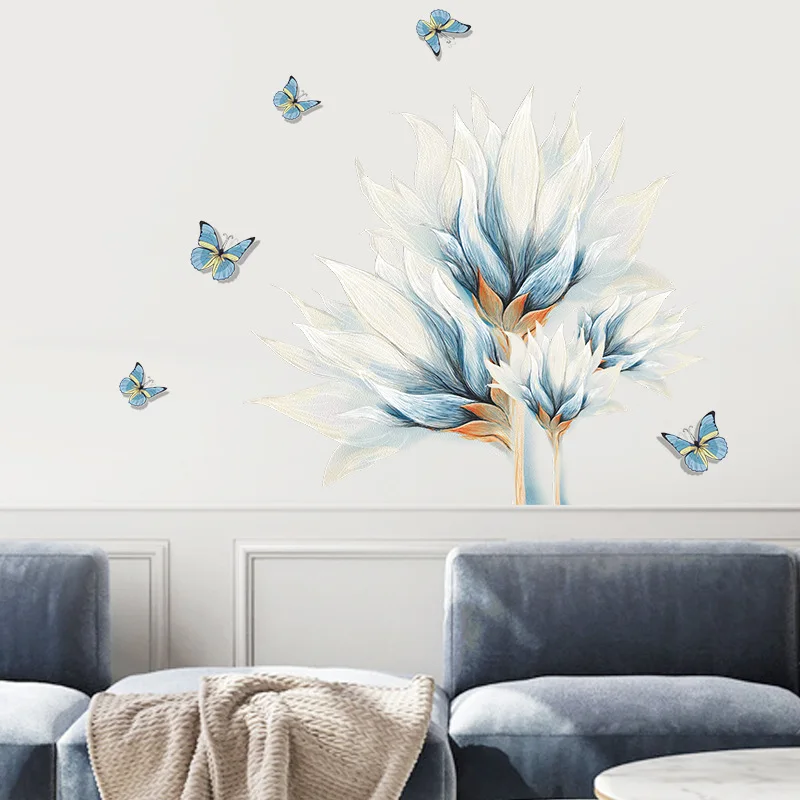 

Watercolor Blue Butterflies Flowers Wall Stickers Living Room Sofa Backdrop Decoration Bedroom Bedside Self Adhesive Home Mural