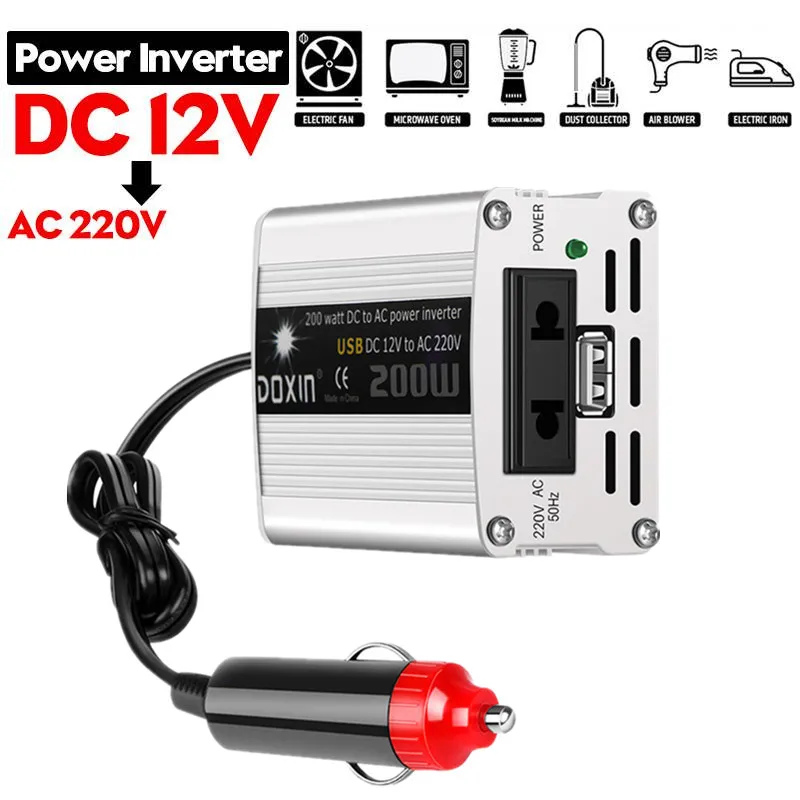 

Portable Multifunctional Truck Car 12V DC To AC 220V Built-in Cooling Fan USB 5V 200W Cigarette Lighter Inverter