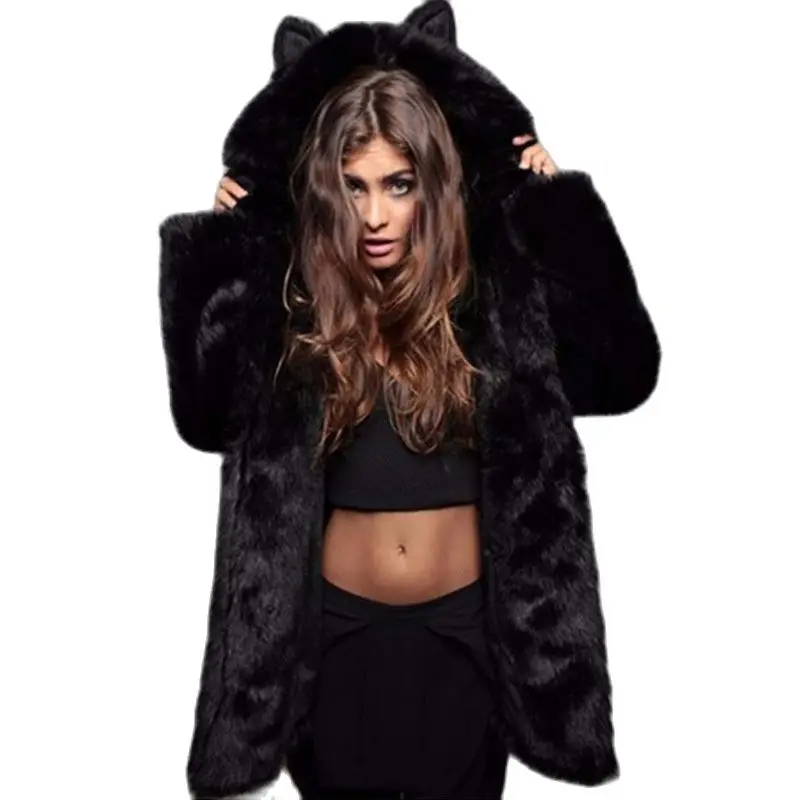 Женское длинное пальто с капюшоном зимнее искусственное | Женская одежда