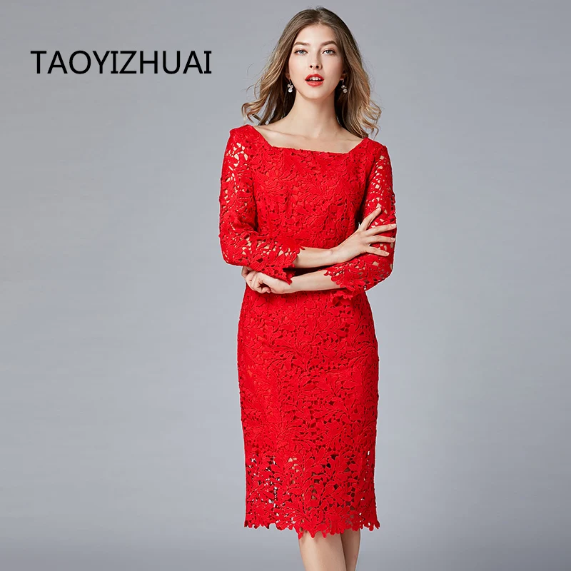 Женское офисное платье TAOYIZHUAI красное приталенное большого размера с завышенной