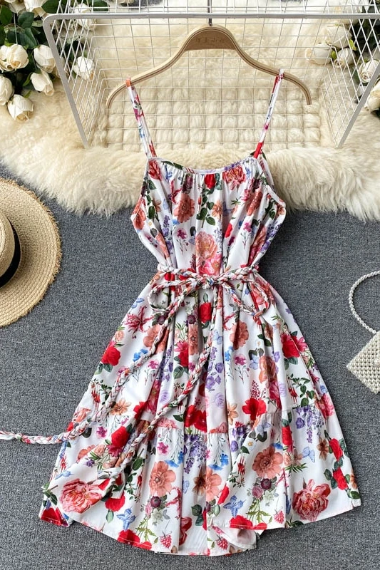 

Vestido De Mujer Summer Fashion Temperament Vacation Women's Dress Chiffon Floral Printed Slim Sling Beach Holiday Mini Dress