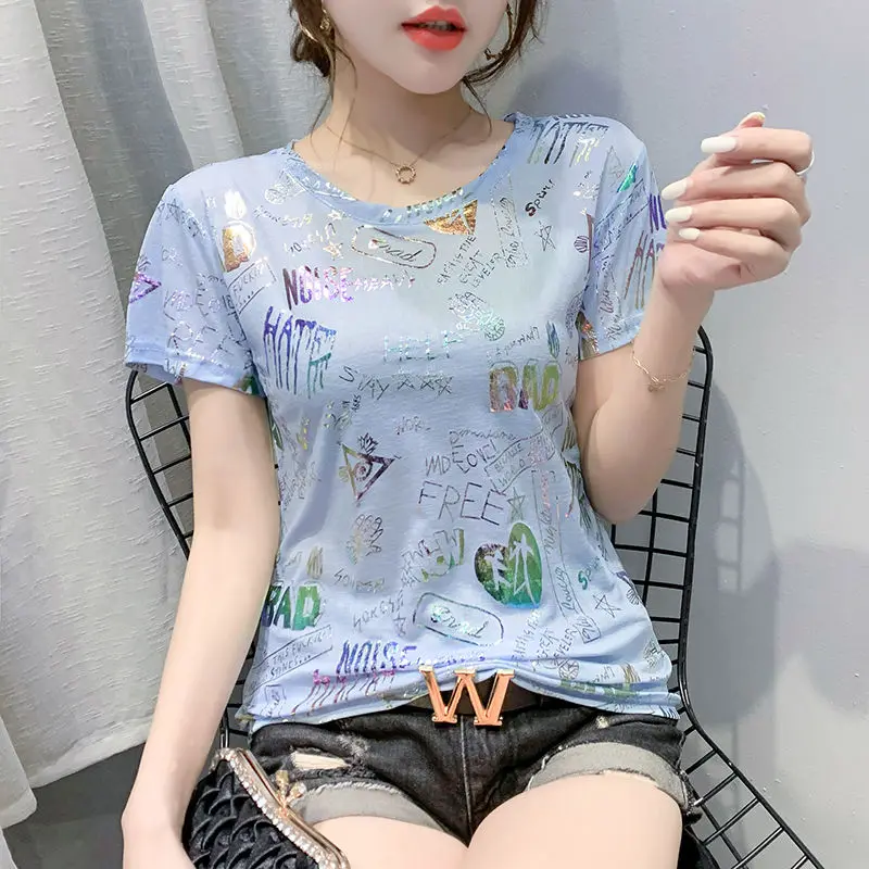 

European Station 2021 Summer New Bronzing Printing T-shirt Women's Short-sleeved Slim Fit Half-sleeved Western-style Blouse