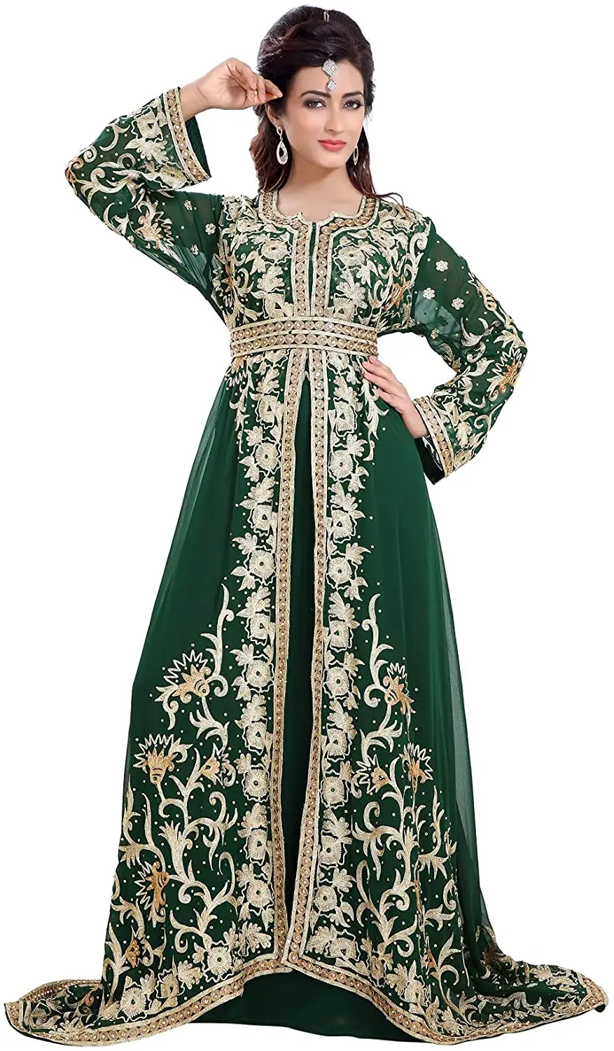 

Green Moroccan Caftan Evening Dresses Long Sleeves Prom Gowns Lace Appliques Muslim Wedding Party Dress EV184