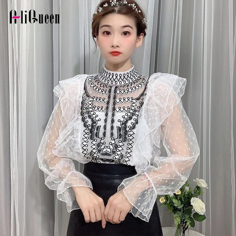 

Summer Temperament Perspective Women Sexy Lace Shirt Embroidery Lantern Sleeve Ruffles Shirts Female White Two Piece Blouses Top