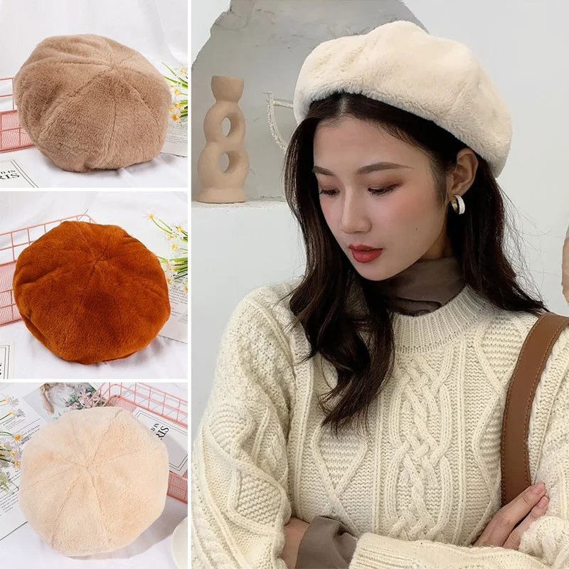 

Ladies autumn Winter beret Hat Classic Vintage Pure Color Plush berets Winter Warm Cap Female bonnet Outdoor Keep Warm Hats