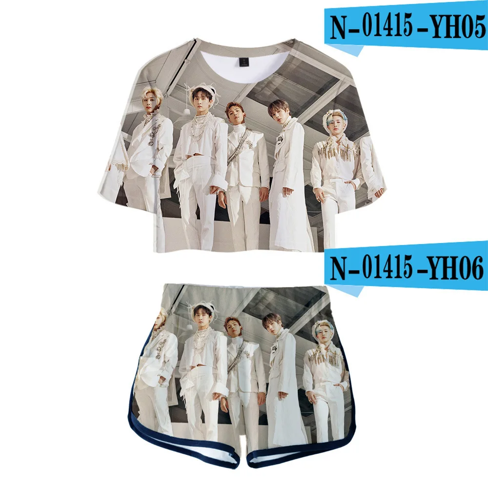 

2 Pieces Set Monsta X 3D Print Women's Sets Sexy O-Neck Short Sleeve T-Shirt And Shorts 2020 Summer Suit Clothes Woman