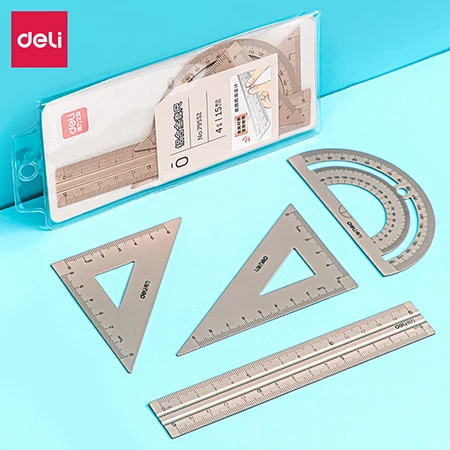 

Deli 79532 metal sleeve ruler Straight Ruler Protractor Students Math Geometry Bendable Metal Triangle Rulers Set Office