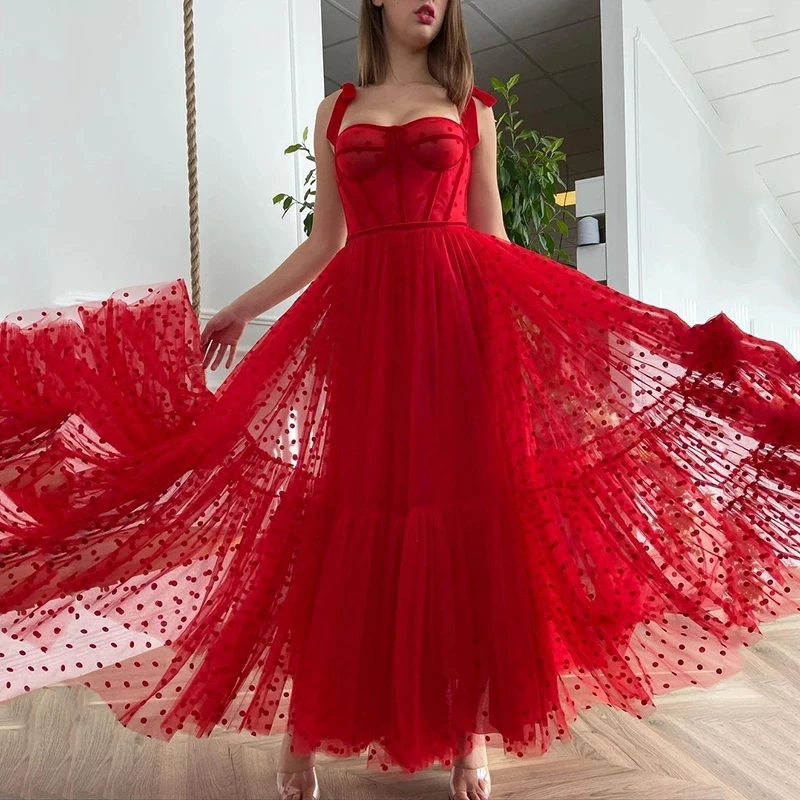 

2021 New Spaghetti Straps Tied Bow Shoulder A Line Evening Dress Red Polka Dots Tulle Tea Length Party Graduation Prom Dresses