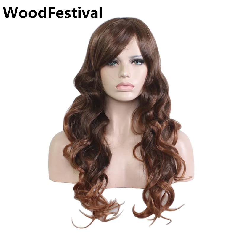 WoodFestival коричневый смешанные цвета парики для женщин термостойкие длинные волнистые косплей синтетический парик с челкой