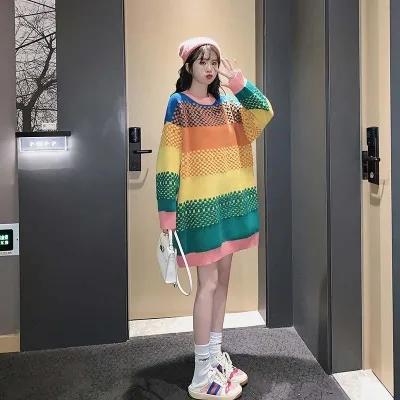 

Hsa pull femme nouveaute 2020 Women Warm Rainbow Sweater and Pullovers Coloful Striped Knitwear Long Oversized Pull Sweaters