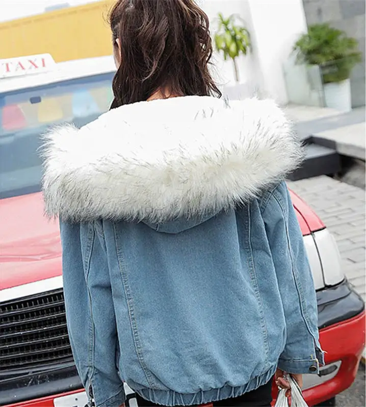 White fur and liner Джинсовая куртка, Женское зимнее пальто, одноцветные теплые толстовки, базовые куртки, верхняя одежда, повседневные женские пальто, куртки с капюшоном, женские пальто, модные - Цвет: White fur and liner