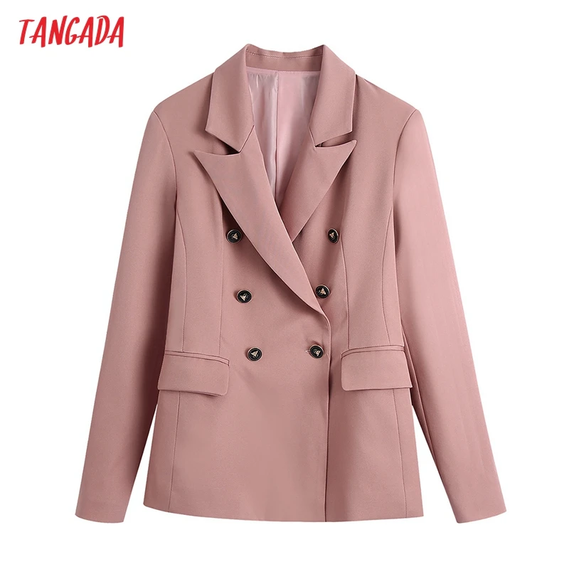 

Tangada Women 2021 Fashion Solid Blazer Coat Vintage Double Breasted Long Sleeve Female Outerwear Chic Tops CE344