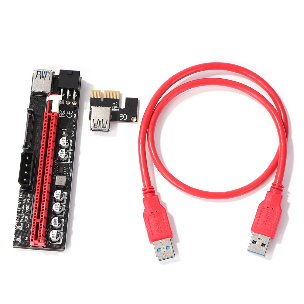 Newest PCI-E Riser 009S Plus PCI-E 1X TO 16X Slot Adapter Riser Card 60cm USB 3.0 Red Cable 4pin 6pin SATA Power for BTC Mining
