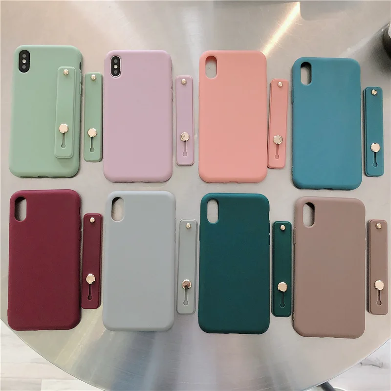 

Solid color Phone case For iPhone11 Pro Max iPhone 7 8 6 6s Plus X XR XS Max Self-adhesive wristband Bracket silicone back cover