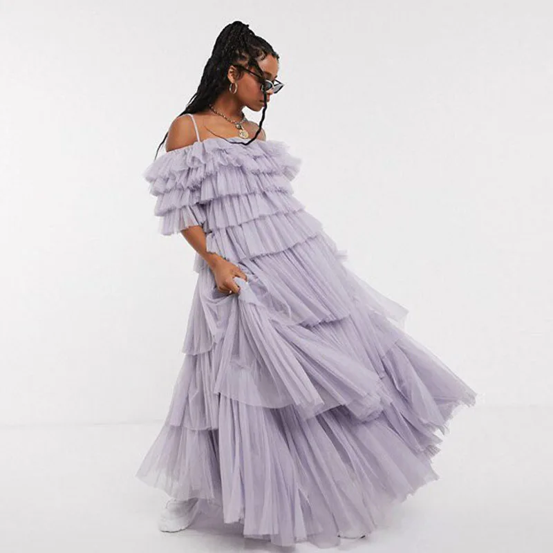 

Long Light Purple Prom Dresses Tulle Tiered Layered Floor Length Evening Gowns Women Formal Party Gown Robe De Soiree Plus Size