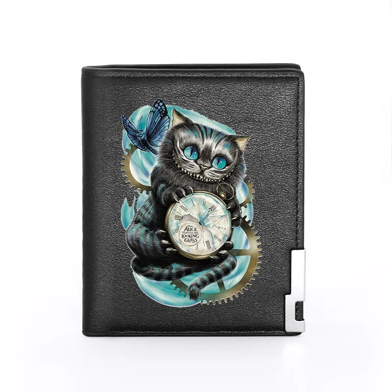 

Classic Steampunk Cat Alice in Wonderland Printing Leather Men's Wallet Credit Card Holder Short Male Slim Purse