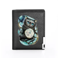 classic steampunk cat alice in wonderland printing leather mens wallet credit card holder short male slim purse