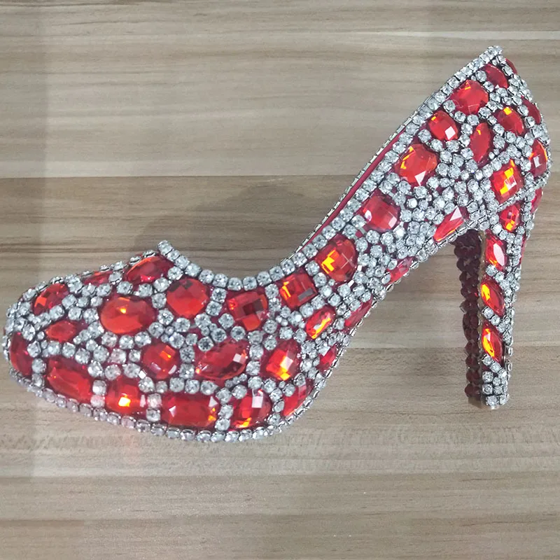 

Red Silver Platform Pumps Wedding Shoes Woman High Heels Bridal Ladies Shoes Crystal Party Rhinestone Round Toe Slip On Shoes