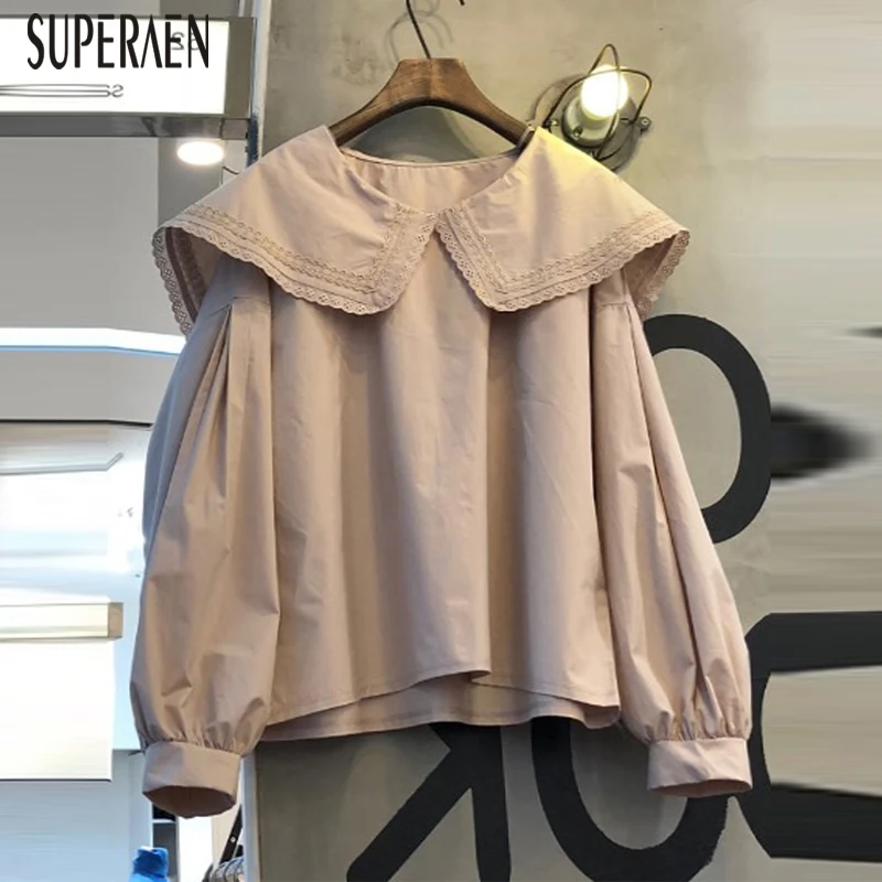 

SuperAen 2021 Spring and Autumn New Shirts Women Korean Style Cotton Wild Ladies Blouses and Tops Sweet Lapel Women Clothing