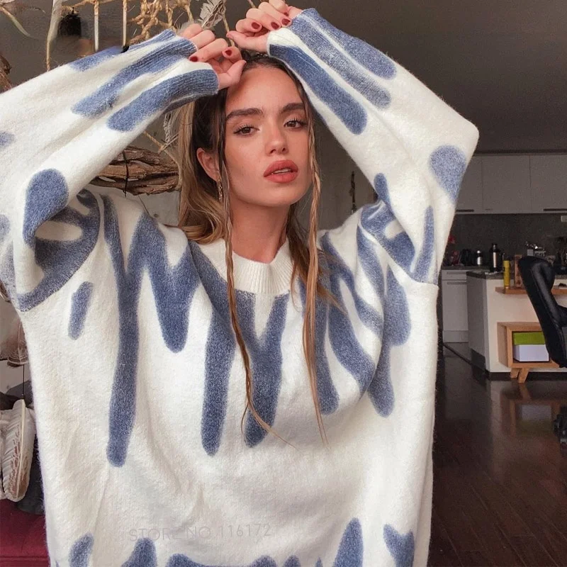 

Oversized Sweaters Women 2021 Striped Print Pullovers Winter O-Neck Loose Long Sleeved Streetwear Elegant Warm Green Outerwear