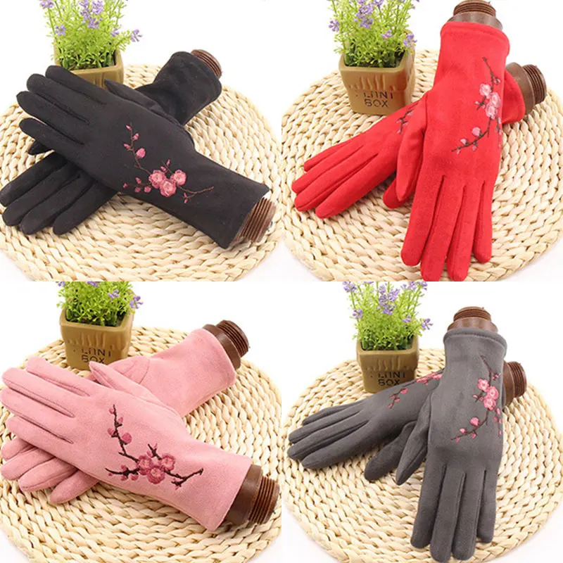 

Women Suede Leather Gloves Warm Cashmere Plus Velvet Full Finger Plum Blossom Embroidery Mittens Touch Screen Driving Gloves
