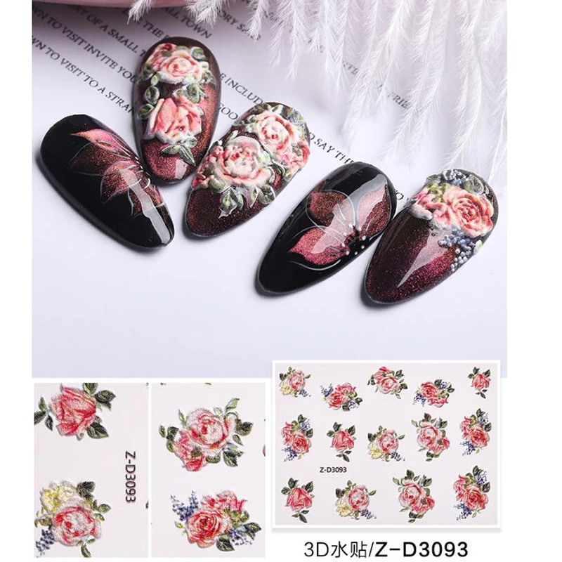 

1Pc 5D Acrylic Engraved Nail Sticker Embossed White&Pink Colorful Flower Water Decals 5*7cm Nail Water Slide Stickers Decals