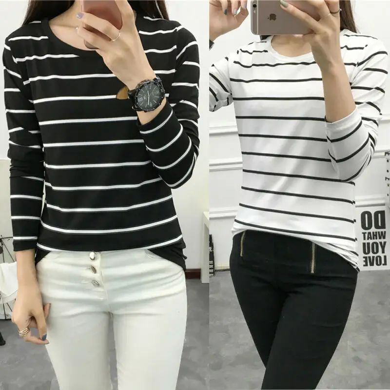 Женская футболка с длинным рукавом повседневная Приталенная в полоску круглым