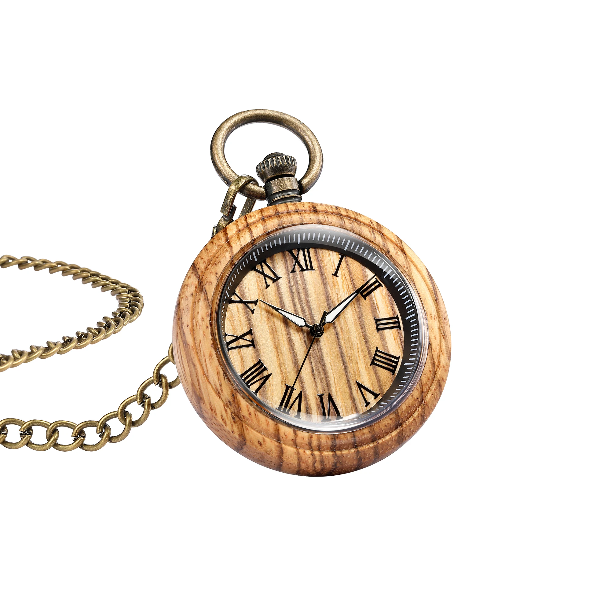 New Style Solid Wood Case Pocket Watch Movement Antique Bronze Clock Chain Romans Necklace Pendant for Men Women Box Package