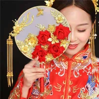 vintage chinese wedding decorative fans for bride gold red bridesmaid handheld hand fan dragon phoenix flower palace clothes fan