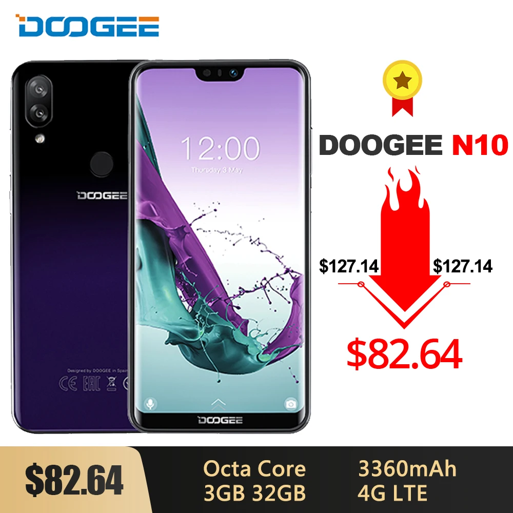 DOOGEE N10 мобильного телефона 5,84 дюймов FHD+ 19:9 Дисплей 16.0MP Восьмиядерный, 3 Гб оперативной памяти, Оперативная память 32GB Встроенная память Фронтальная камера 3360 мАч Android 8,1 4glte