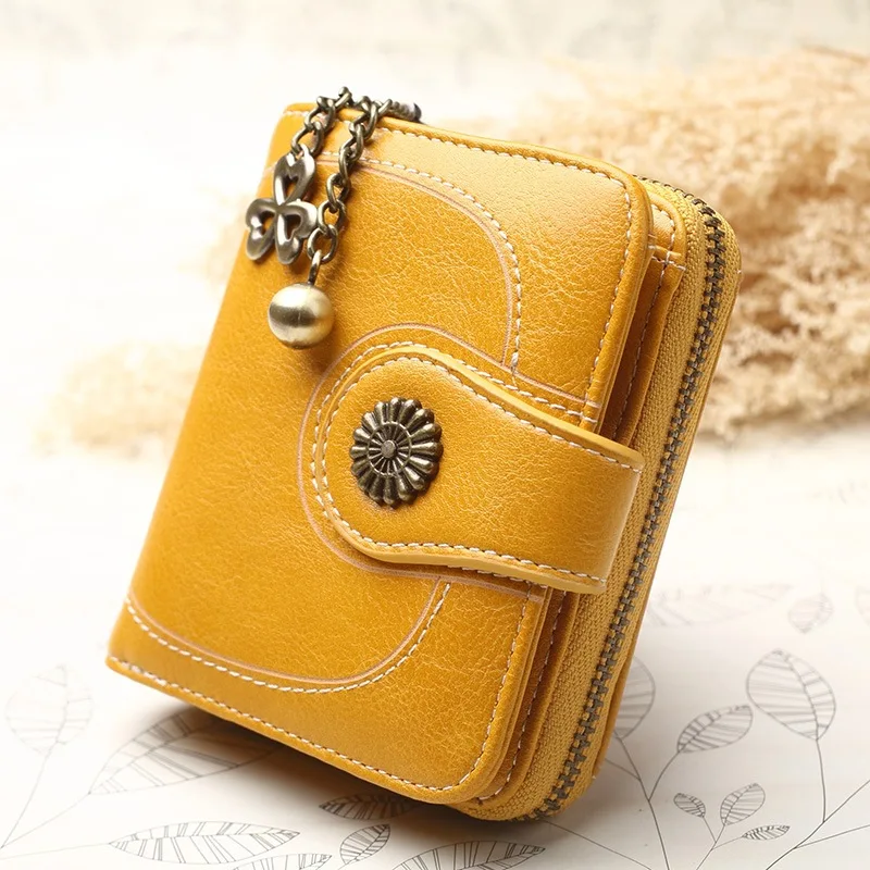 

Oil wax leather coin purse short tri-fold coin holder women's oil leather clutch card holder