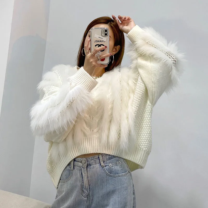 Fashion Female Autumn Winter Pullover/Cardigan Sweater With Real Fur Plus Size Women Warm Loose Natural Raccoon Fur Knitwear