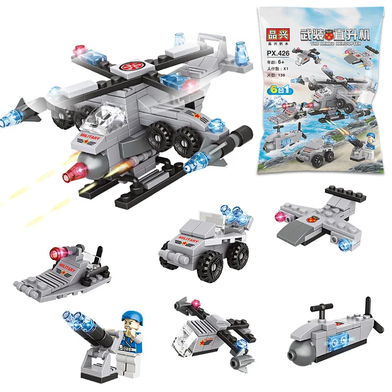 

New Building Blocks ARMED HELICOPTER Military 136pcs 6in1 Assemble DIY Children Toys Airplane Landing Ships Model Bricks