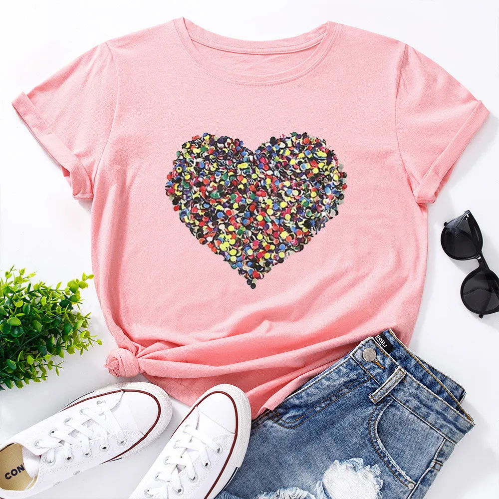 

5XL Plus Size Cotton T-Shirt Women Aesthetic Colorful Love Heart Print Short Sleeve Graphic T Shirts Female Casual Summer Tops