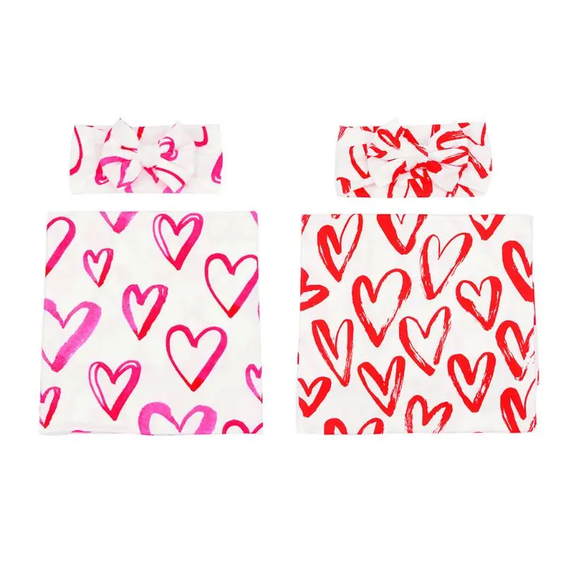 

Newborn Receiving Blanket Bow Headband Set Heart-shaped Baby Cotton Swaddle Wrap gift for baby