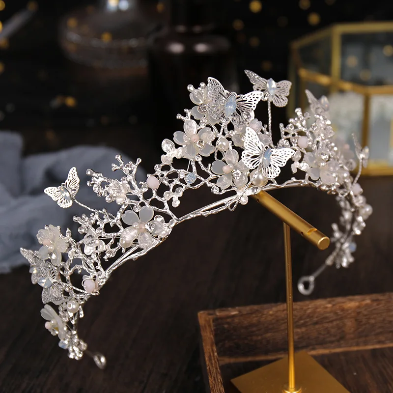 

Crown Butterfly Flower Headdress Baroque Crown Headband Golden Wedding Crystal Accessories Ornament BN