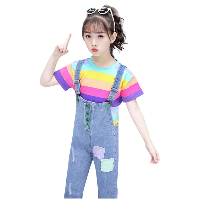 

New Fashion Kids Jumpsuit Suit Rainbow Top+Denim Dungarees Jumpsuit Jumper Overalls Pants for Children Patches Jeans Clothes Set
