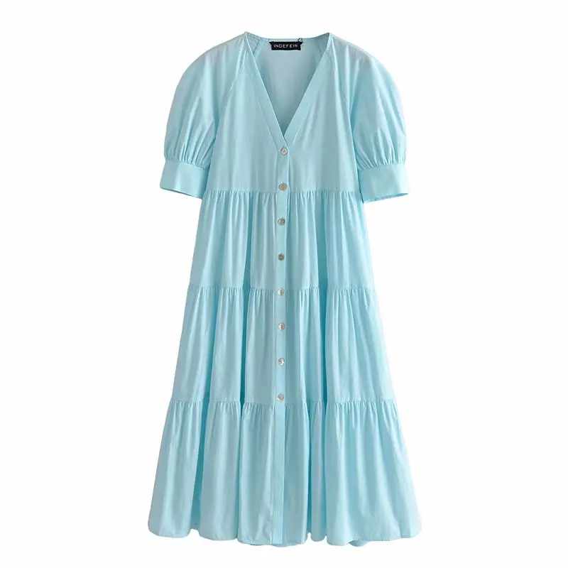 

New Pop Summer Women Dress V-neck Patchwork Puff Sleeves elegant Casual Vogue Chic Lady Woman Maxi Sundress