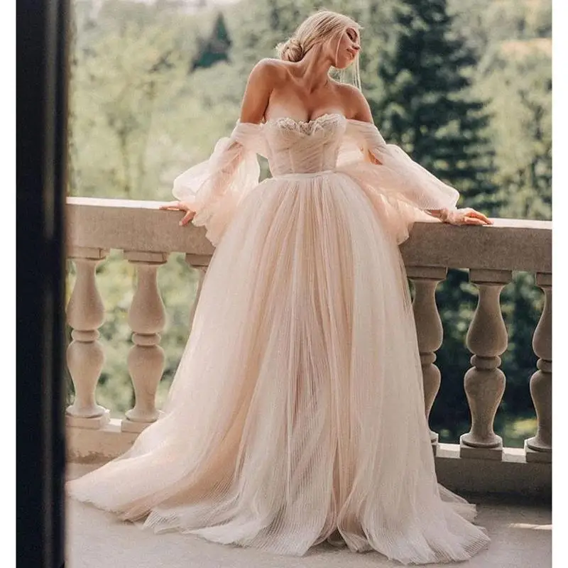 

Champagne Boho Wedding Dress For Women 2021 свадебное платье A Line Tulle Summer Wedding Gowns Custom Made Bridal Dresses
