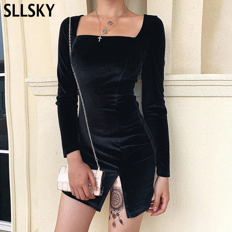 

SLLSKY Sexy Solid Velvet Dress Women Square Neck Split Party Black Dress Spring New Long Sleeve Slim Tight Hip wrap Mini Dress