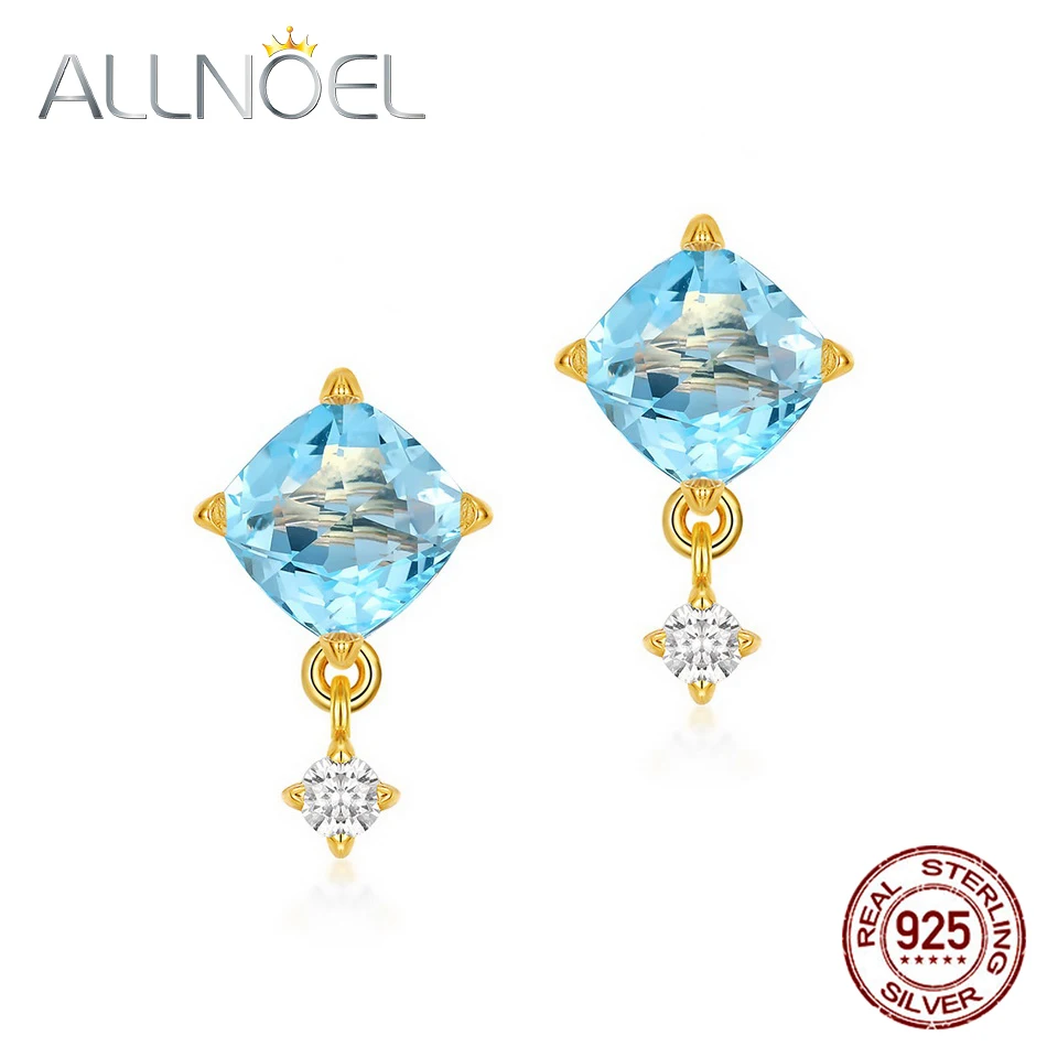 

ALLNOEL Sterling Silver 925 Earrings For Women Natural Sky Blue Topaz 5A White Zircon Luxury Wedding Engagement Fine Jewelry