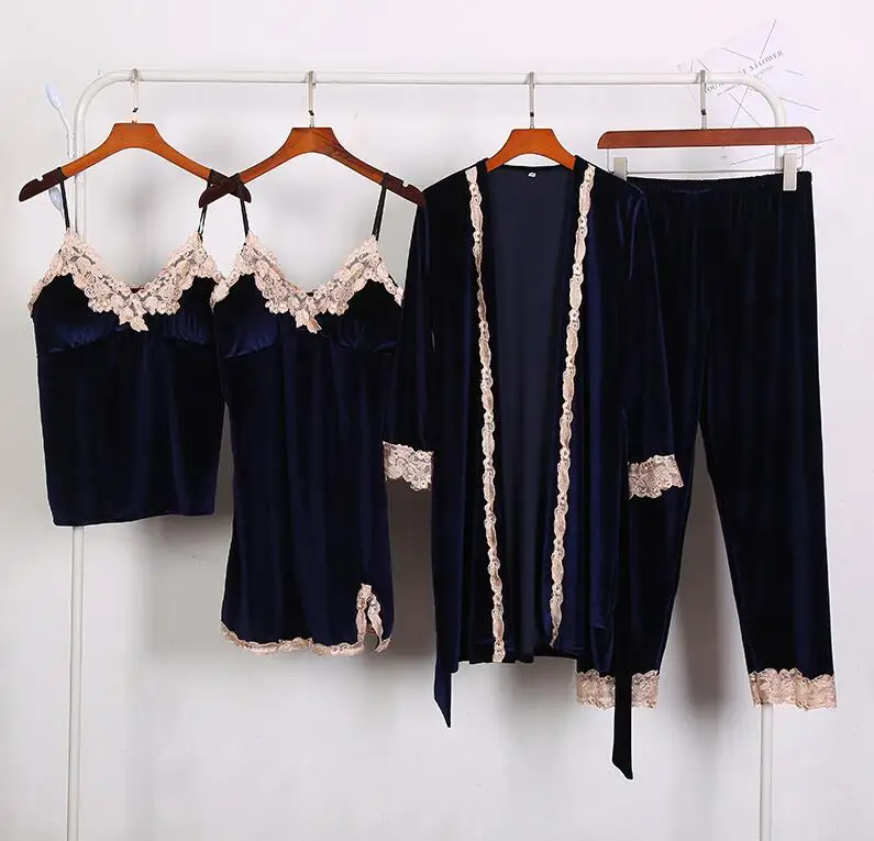 navy blue Розовый осенне-зимний теплый пижамный комплект из 4 предметов, женские сексуальные пижамы, ночная сорочка на бретельках без рукавов, длинные штаны, Халат - Цвет: navy blue