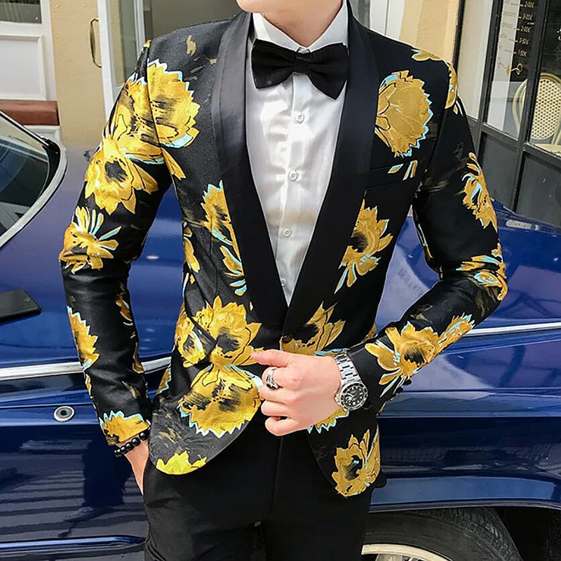 Новинка 2019 цветочный Мужской Блейзер черный золотой принт повседневный мужские