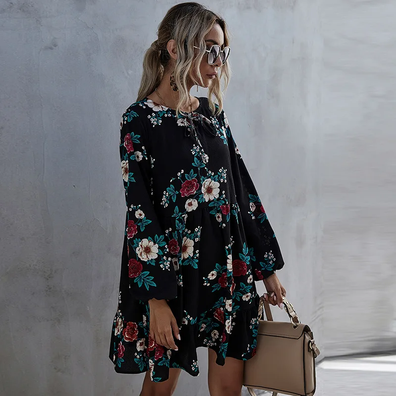 

2021 New Elegant Autumn Winter Ruffles Print Dress Women Casual O-neck Full Sleeve High Waist Floral Dress Female Black