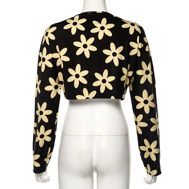 

ALLNeon 90s Aesthetics Floral Printing Crop Tops Y2K Fashion O-neck Long Sleeve T-shirts Cute Vintage Outfits Single-breasted
