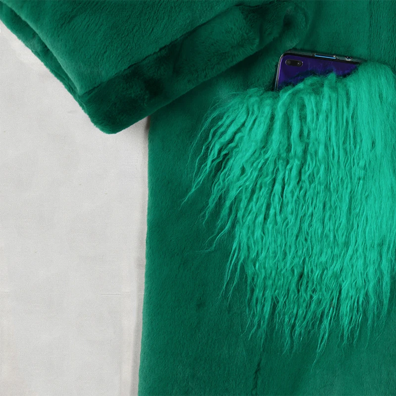 

Nerazzurri Oversized green long fluffy faux fur coat women bat sleeve with mongolian fur pockets Furry coats Plus size fashion