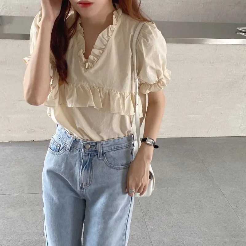 

Alien Kitty Ruffles All Match Brief Solid Chic Fashion Women 2020 New Streetwear Short Sleeves Summer Loose Sweet V-Neck Blouses