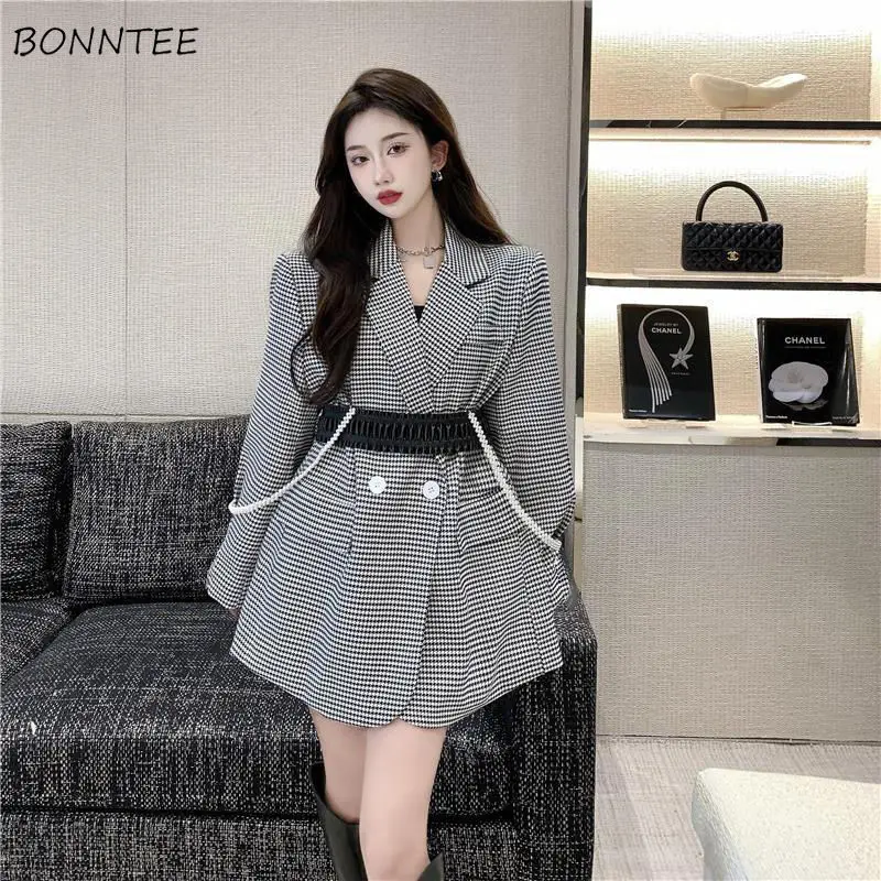 

2 Piece Sets Women Plaid Notched Leisure Vintage British Style Fashion New All-match Temperament OL Female Streetwear Cozy Ins