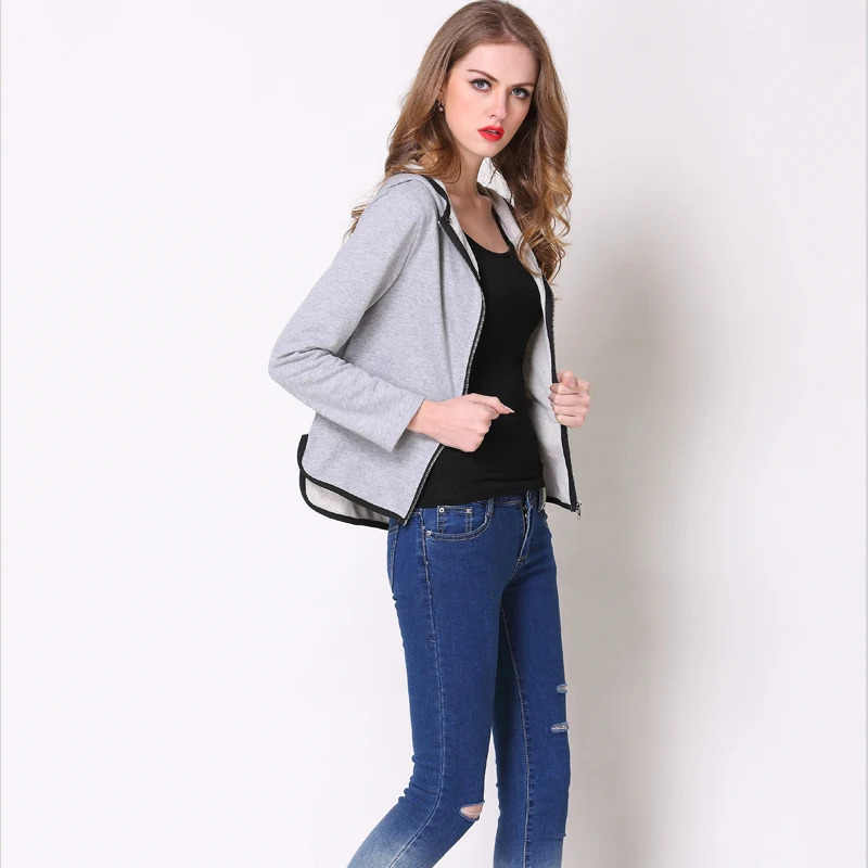 

Spring and Fall Women's Short Gray High-Waisted Jacket With a Hoodie And Zipper Hoodie Women's Top